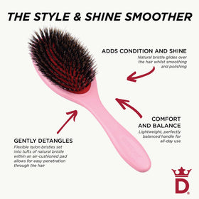 Denman brush beside different hair samples showing compatibility with fine to coarse textures