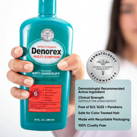 Denorex being applied in shower to target scalp buildup relief