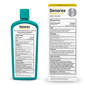 Before and after hair comparison with Denorex showing reduced flakes