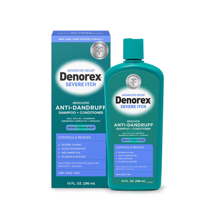Denorex front packaging showing bottle and relief promise