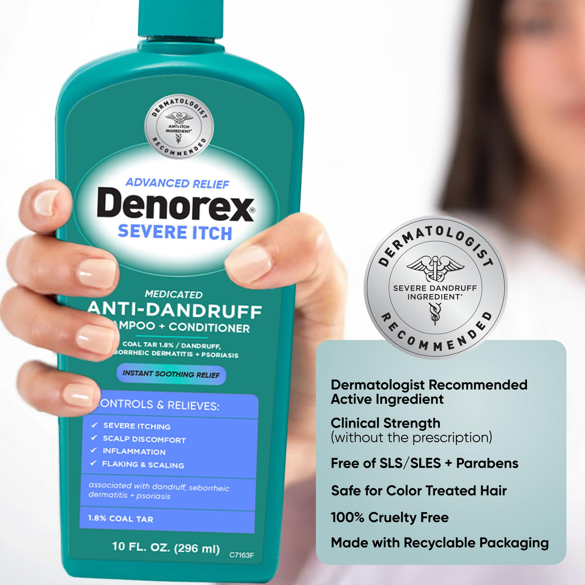Denorex 10 fl oz bottle next to common items for size reference