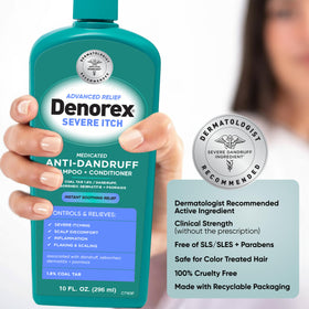 Denorex 10 fl oz bottle next to common items for size reference