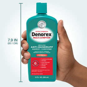 Denorex bottle in hand indicating the 10 oz size and portability