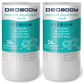 DEOBODY front two-pack packaging showing natural alum stones and product weight