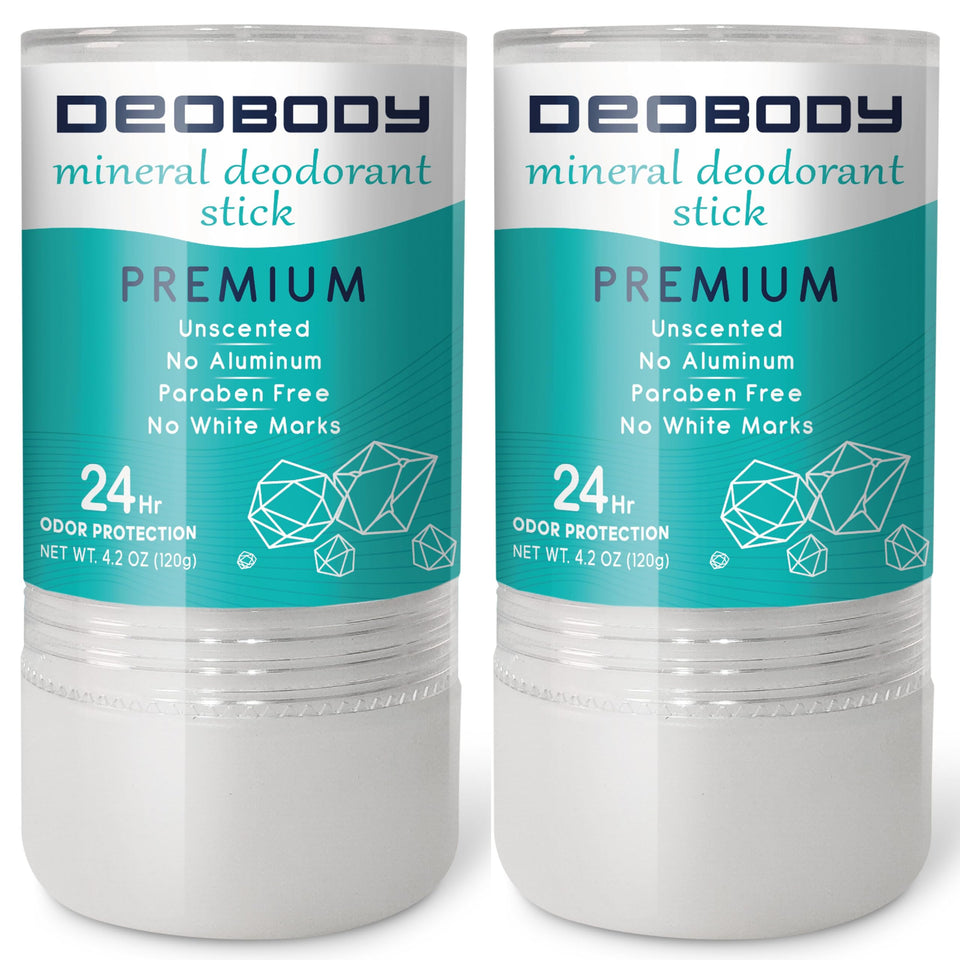 DEOBODY front two-pack packaging showing natural alum stones and product weight