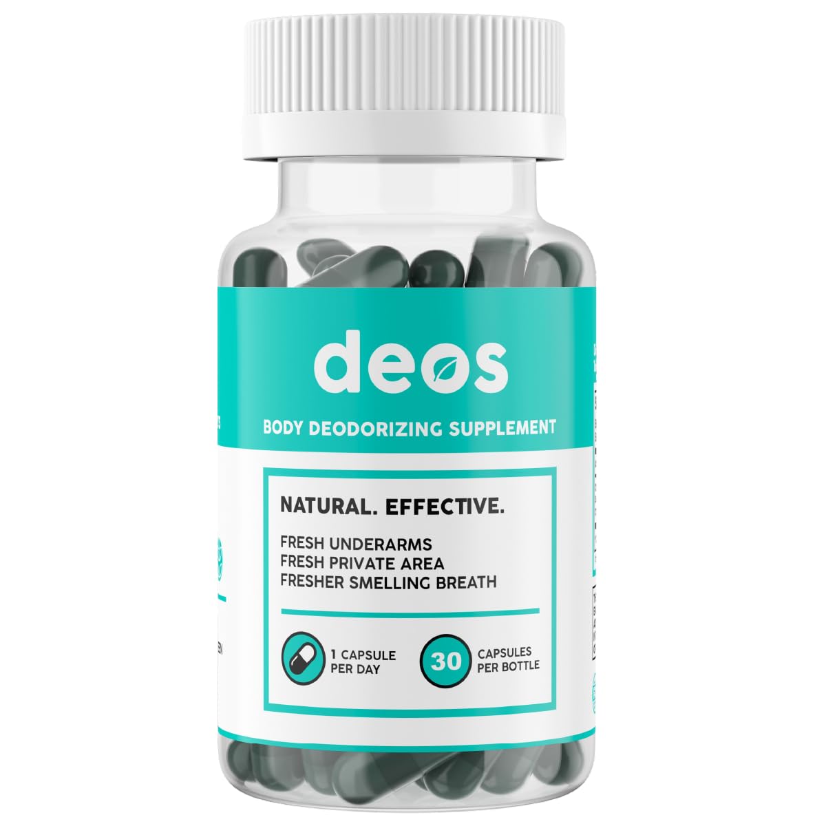 DEOS front packaging showing supplement bottle and branding for interior odor control