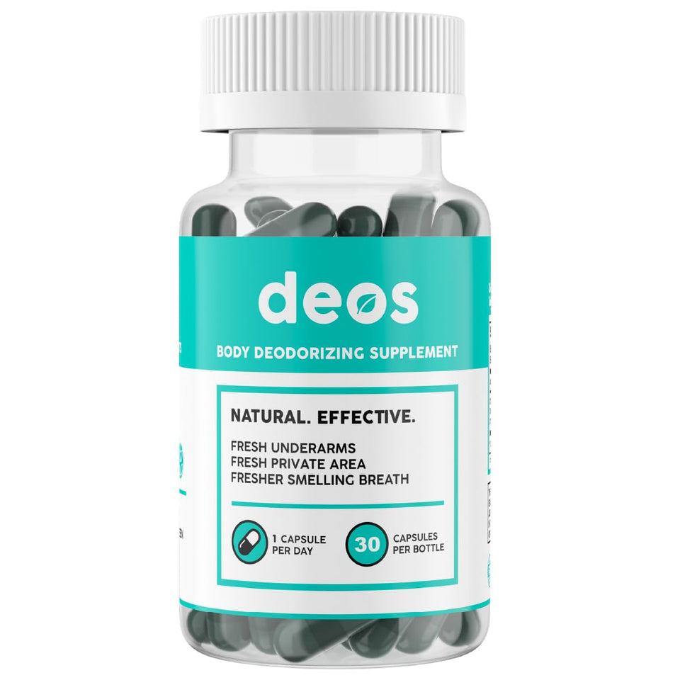 DEOS front packaging showing supplement bottle and branding for interior odor control