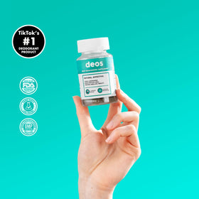 DEOS opened bottle with 30 capsules visible, conveying convenient daily use