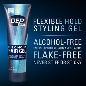 Man applying Dep gel for a slick-back style showing controlled, humidity-resistant finish