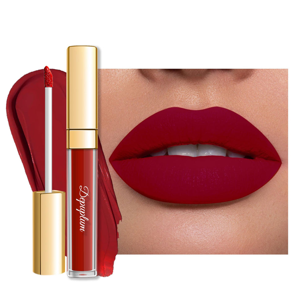 Depuplum DM18 front packaging showing oxblood red tube and product name, clear branding and benefit