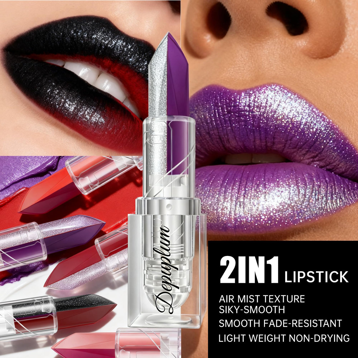 Depuplum ombre application on lips demonstrating blended red-to-black gradient for versatile looks