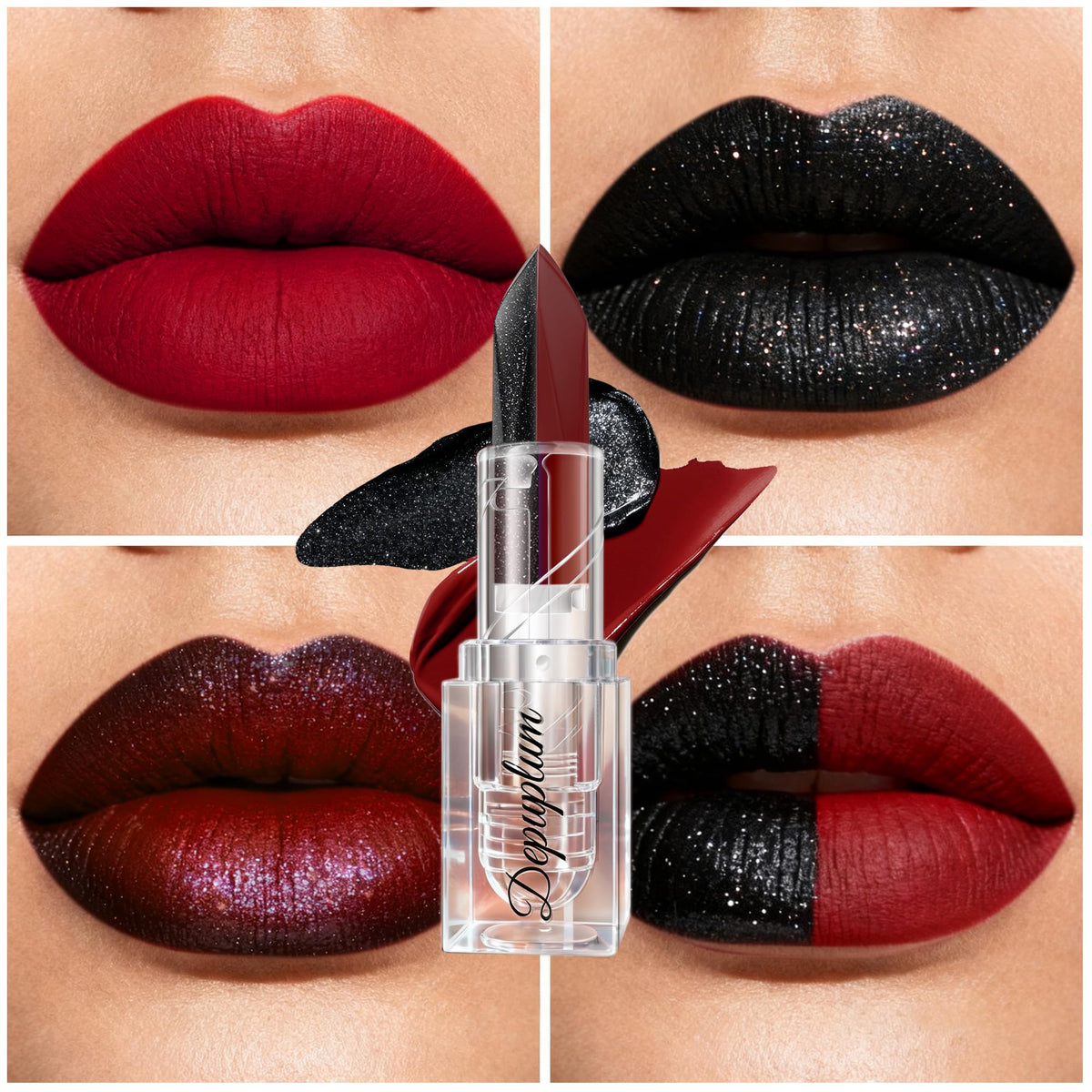 Depuplum close-up of the two-ended stick showing matte red and glitter black tips for creative makeup