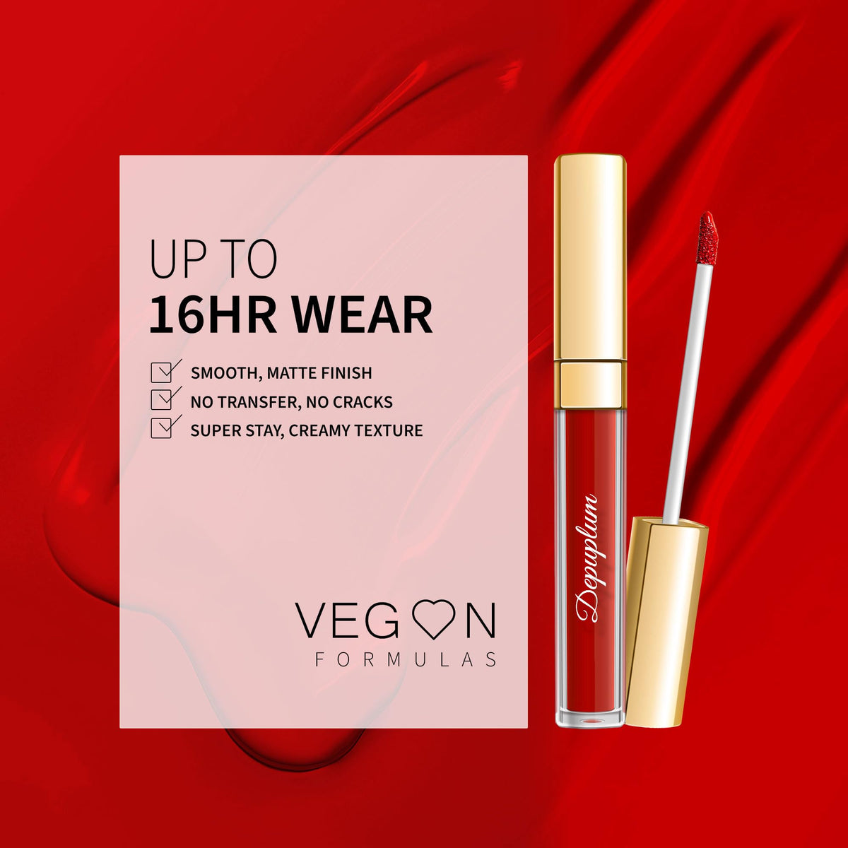 Depuplum lipstick worn on lips in full-face photo delivering confident red and smudge resistance