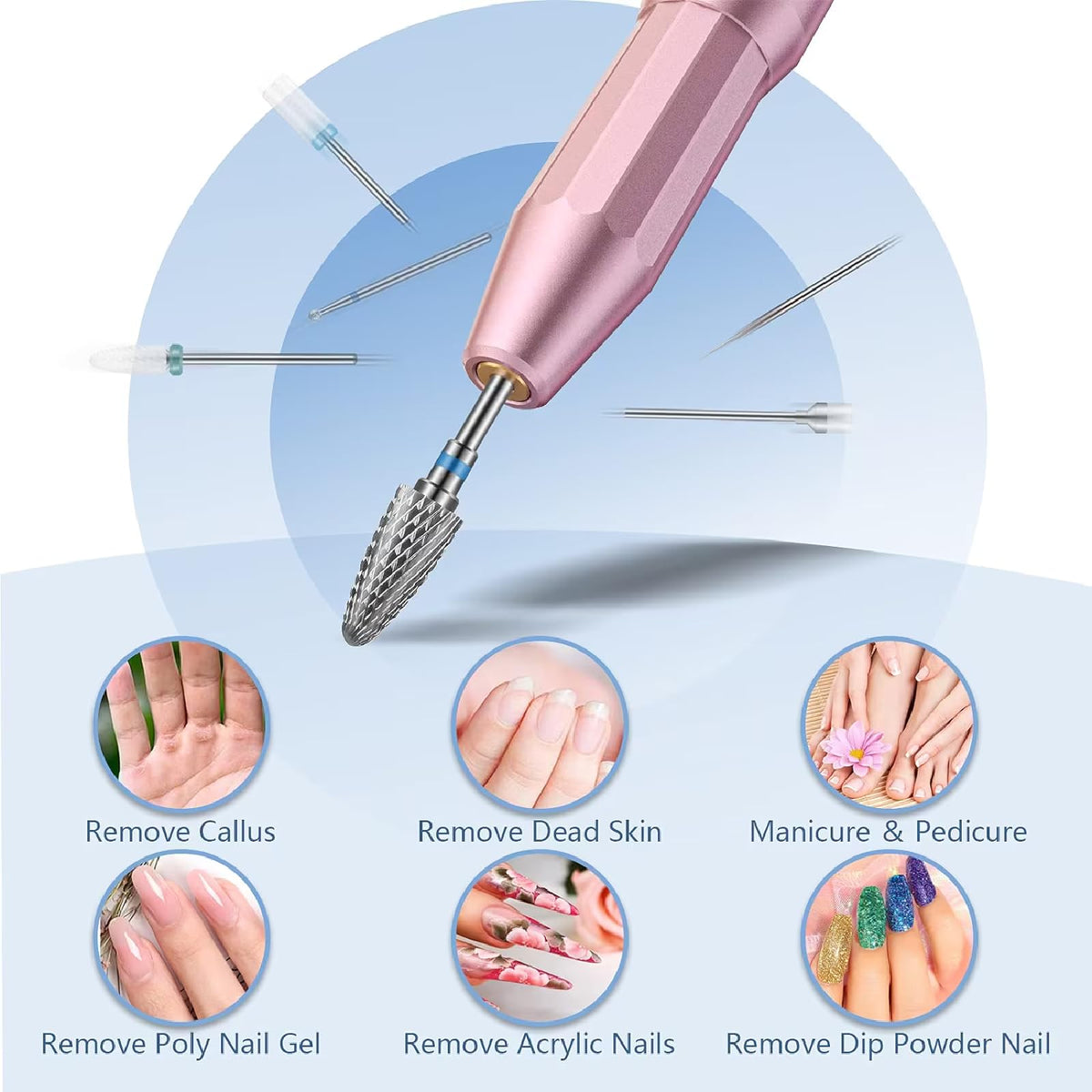 Depvko nail drill bits in use on a nail demonstrating controlled material removal