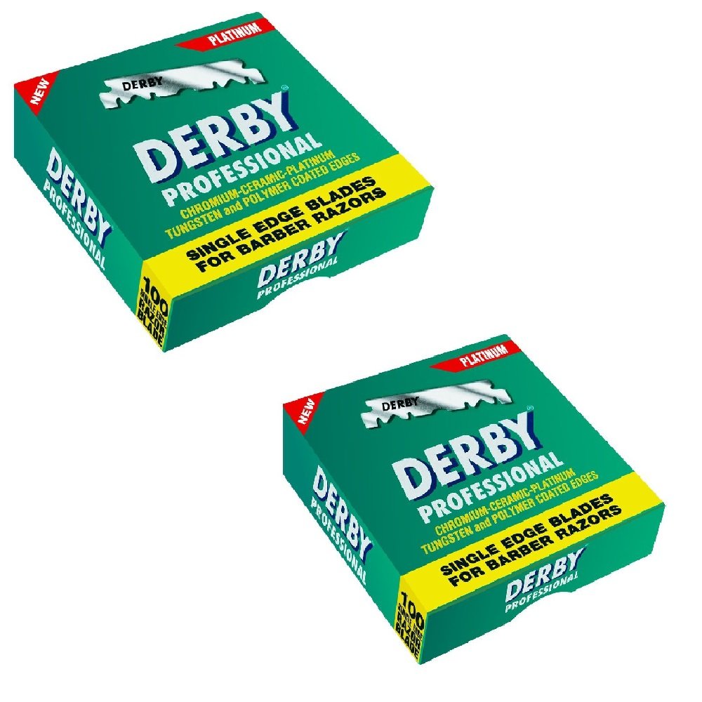 Derby blade close-up on edge and fold highlighting stainless steel finish and precision