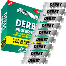 Derby blade closeup displaying uniform finish for consistent shaves