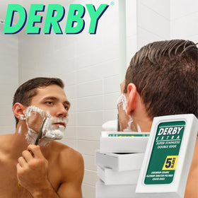 Derby extra blade installed in a safety razor demonstrating ready-to-use compatibility