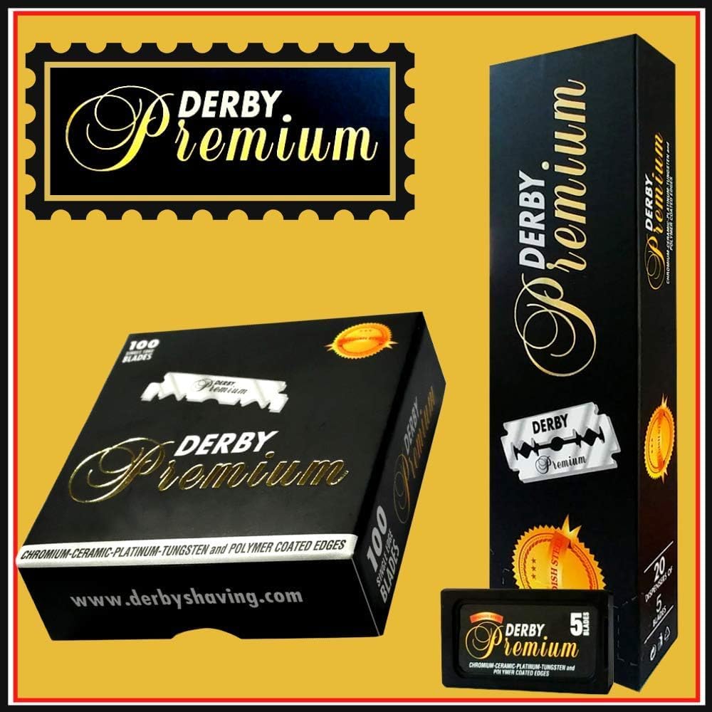 Derby stacked packs illustrating five 100-blade units for bulk convenience