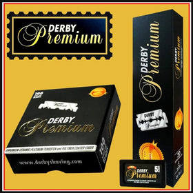 Derby stacked packs illustrating five 100-blade units for bulk convenience