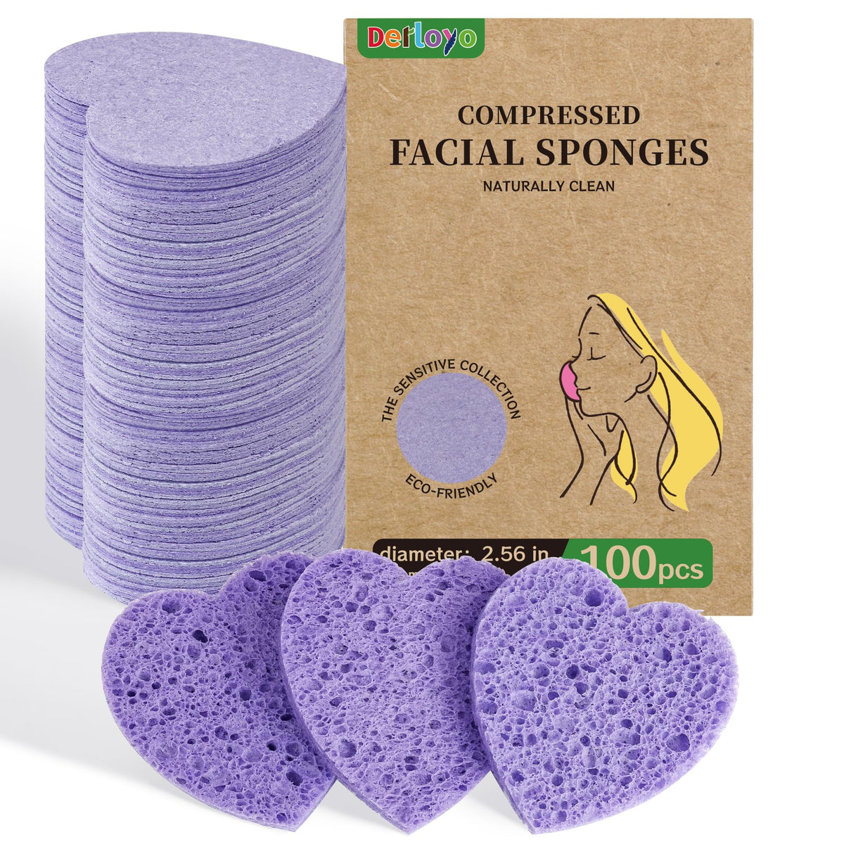 derloyo front packaging showing 100 heart sponges and quick supply benefit