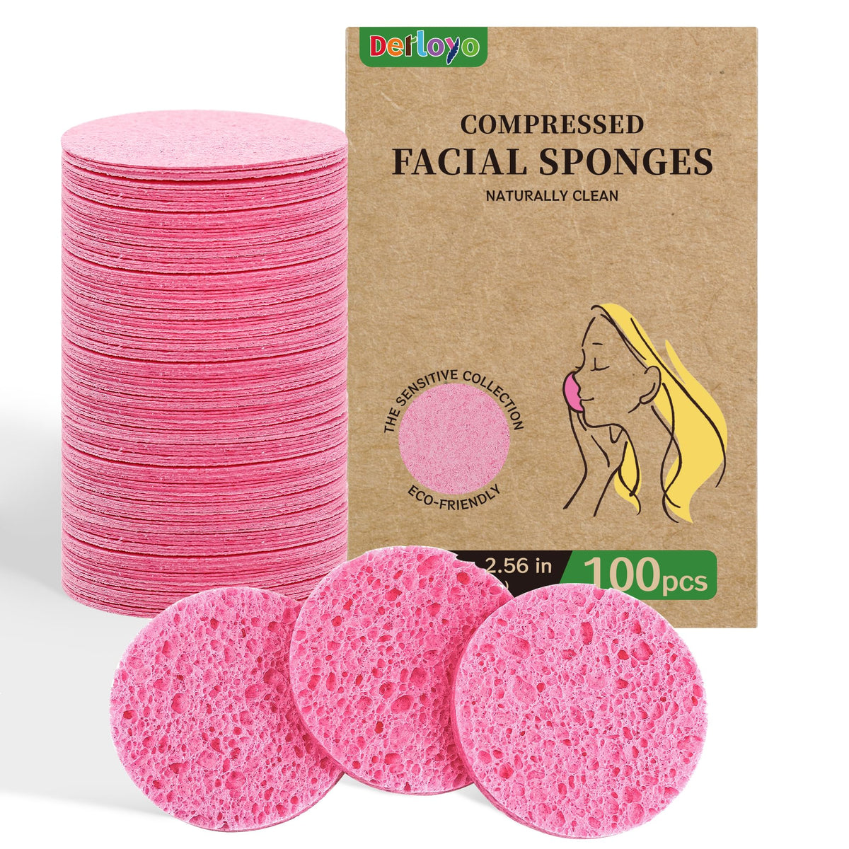derloyo front packaging showing 100-count biodegradable sponges for travel convenience