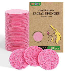 derloyo front packaging showing 100-count biodegradable sponges for travel convenience