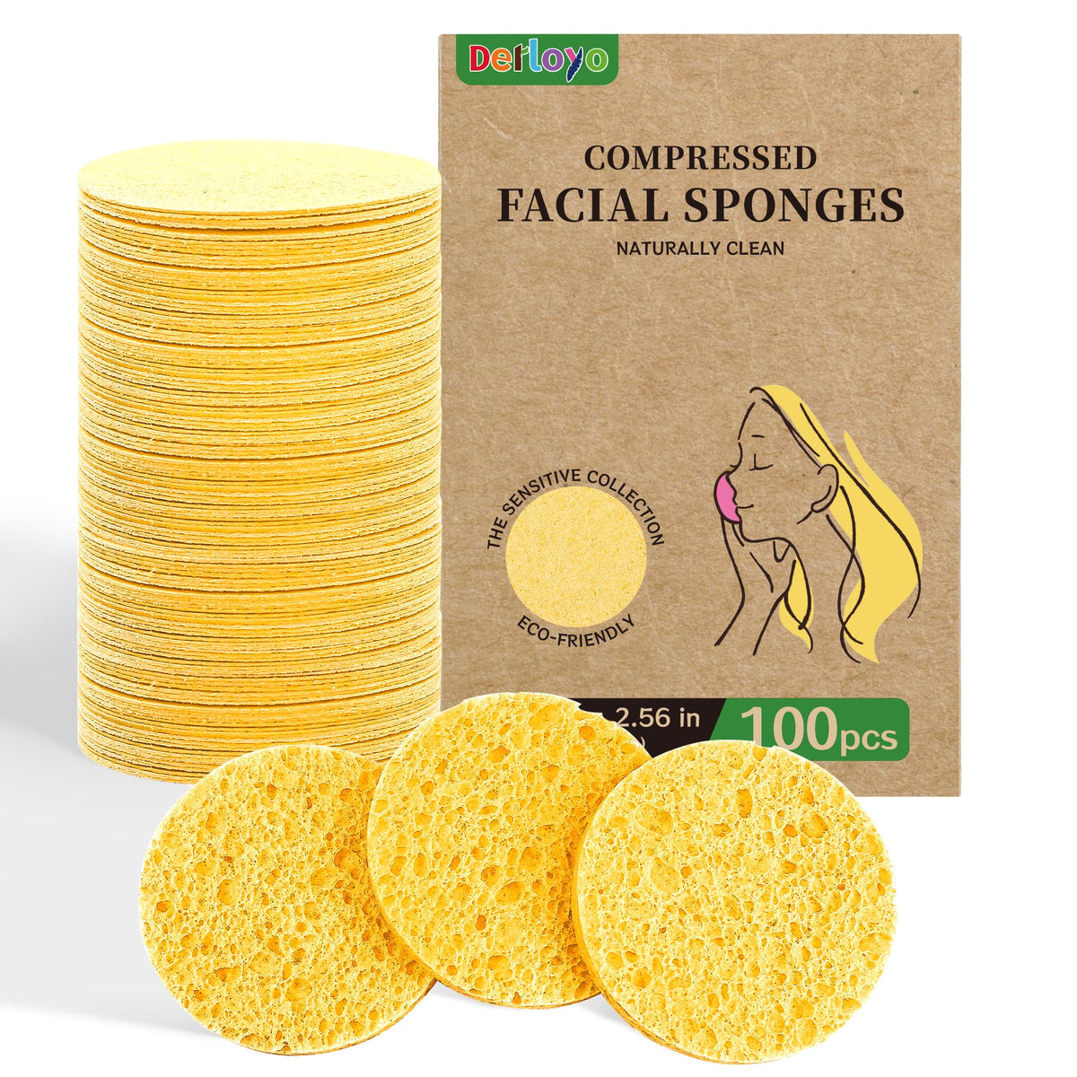 derloyo front packaging showing 100-count yellow compressed sponges for eco-friendly cleansing