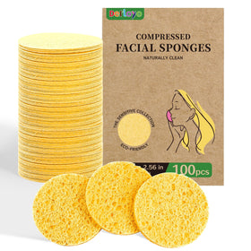derloyo front packaging showing 100-count yellow compressed sponges for eco-friendly cleansing