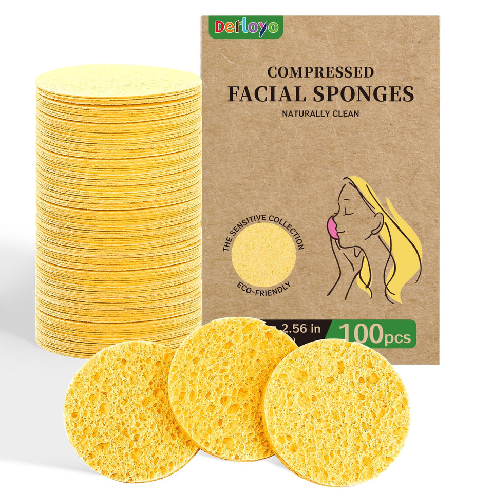 derloyo front packaging showing 100-count yellow compressed sponges for eco-friendly cleansing