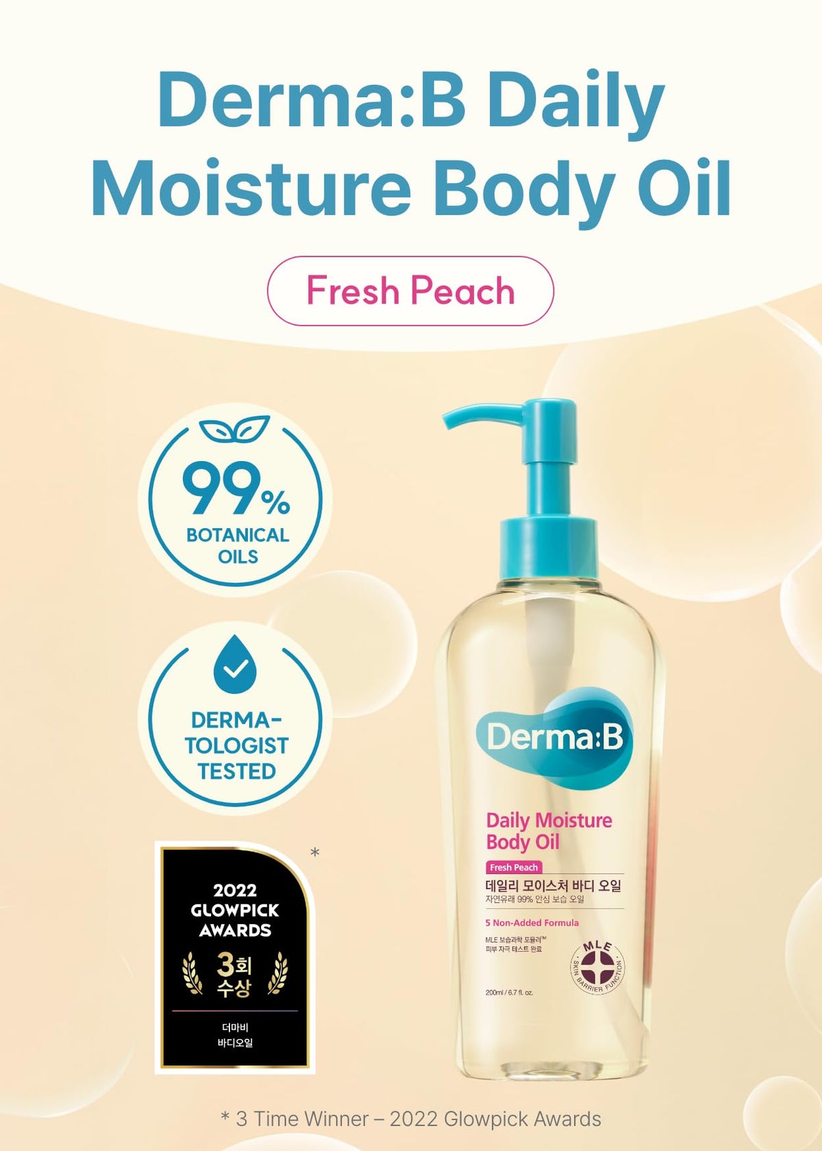 Derma B bottle close-up label highlighting natural ingredients