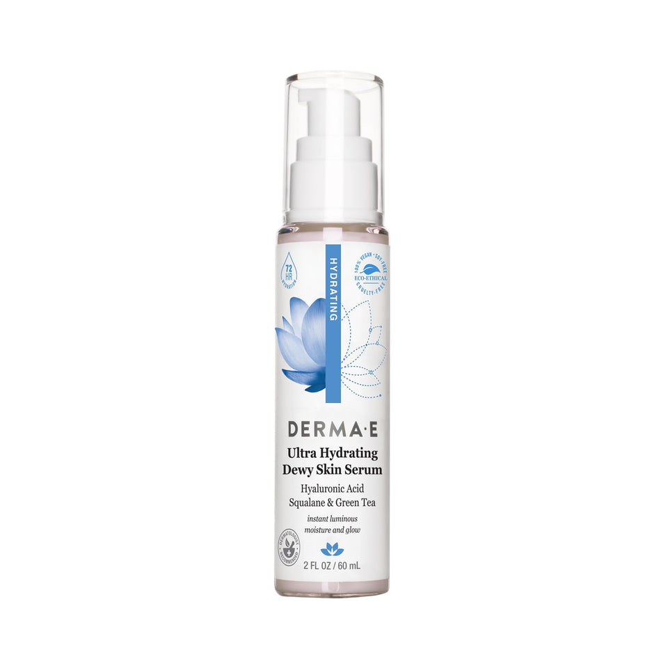 DERMA E front packaging showing serum bottle and brand, highlights clean formula benefit