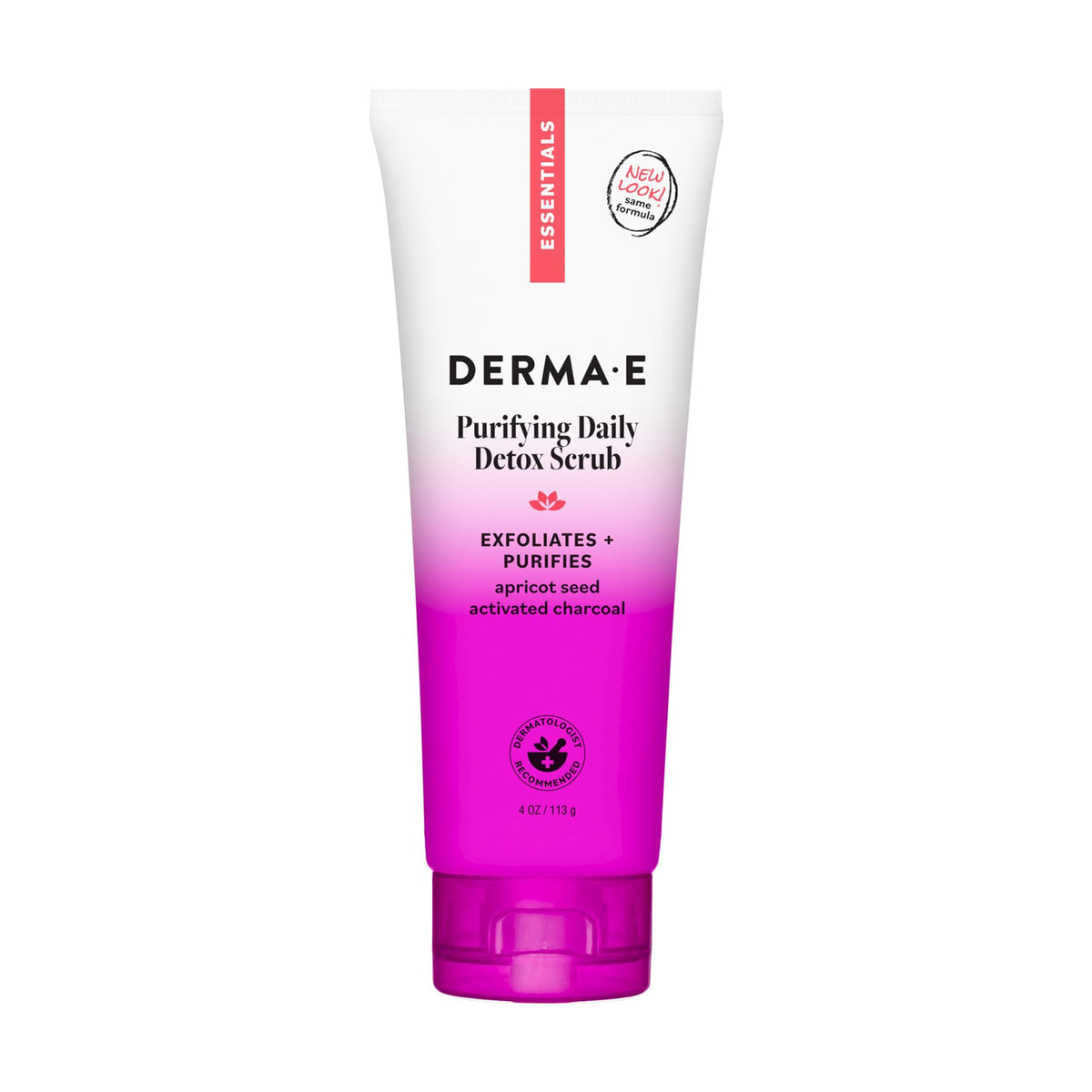 DERMA E front packaging of daily detox scrub showing clean formula benefit