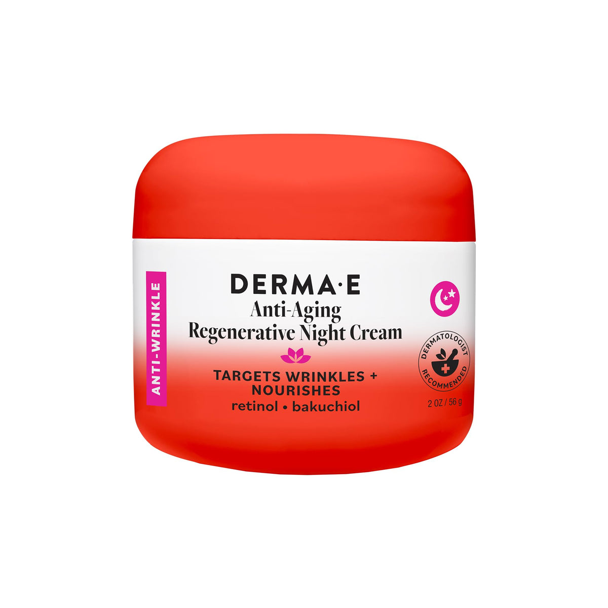 Derma E night cream front jar showing sleek packaging and firming benefit