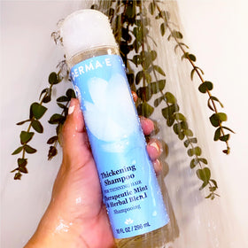 Derma E 10 oz bottle next to common item showing true size