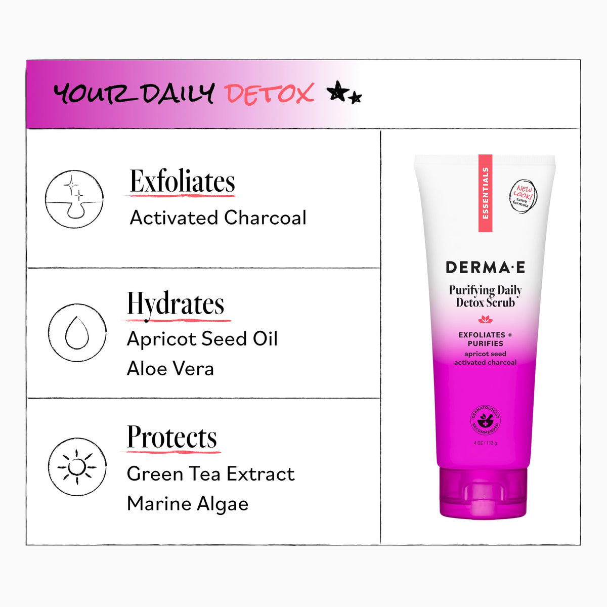 DERMA E tube held in hand illustrating 4oz size and travel-friendly benefit