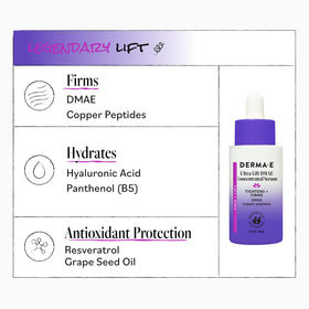 Derma E close-up of Ultra Lift label listing DMAE, copper peptides and resveratrol