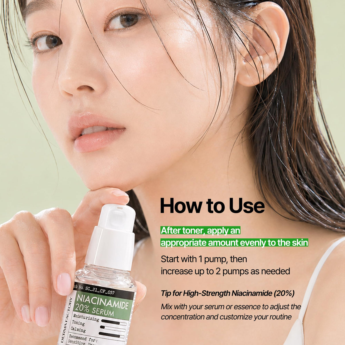 DERMA FACTORY serum applied on hand, highlighting non-sticky finish and hydration benefit