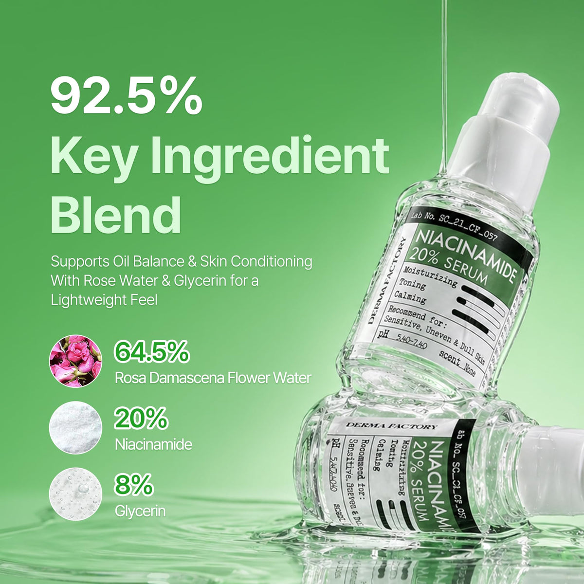 DERMA FACTORY bottle beside a scale, showing compact 1.01 fl oz travel-friendly size