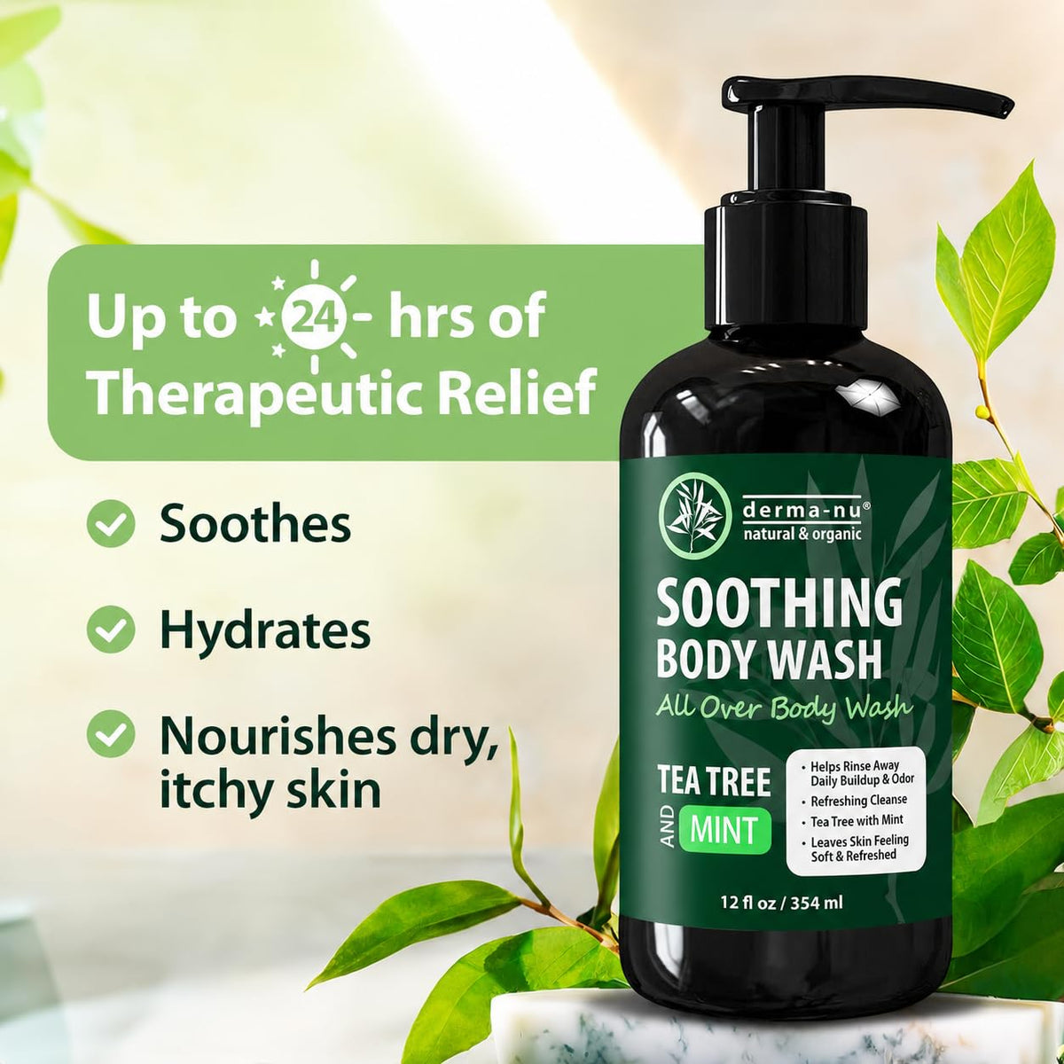 Derma-Nu bottle held in hand showing 12 oz size and travel convenience