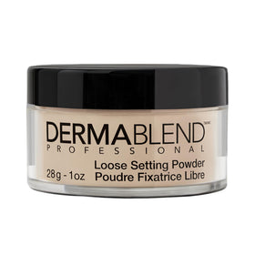 Dermablend loose setting powder jar front view shows Cool Beige and brand finish benefit