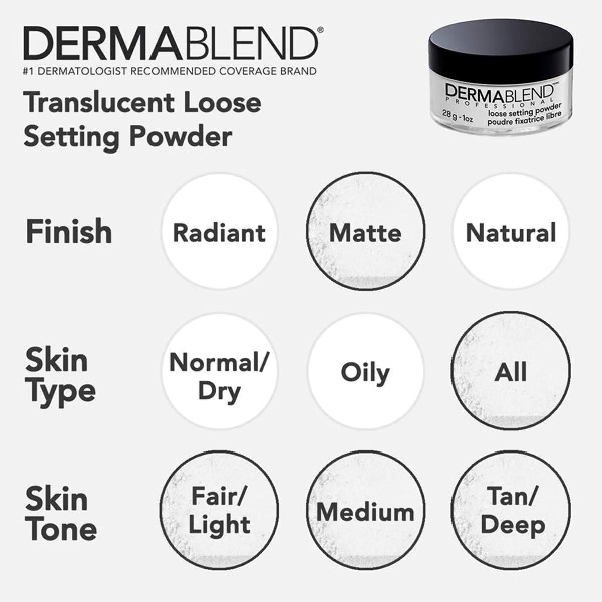 Dermablend loose powder label close-up showing fragrance-free, dermatologist-tested safety benefit