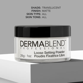 Dermablend loose powder pressed under-eye to set concealer and minimize creasing benefit
