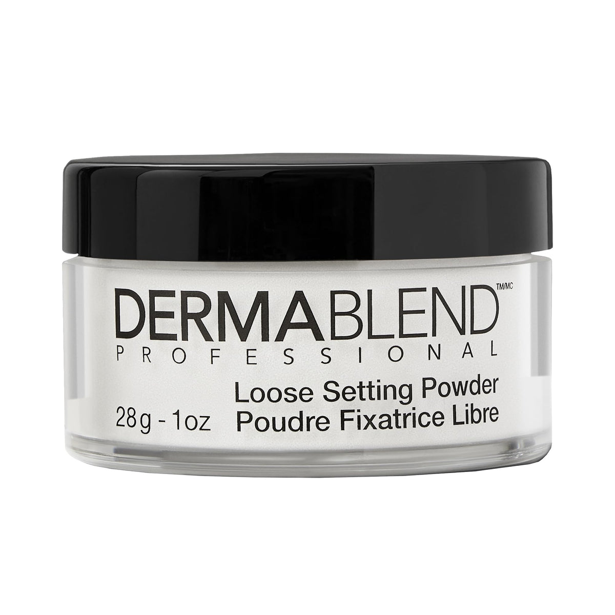 Dermablend loose setting powder front jar view showing product and branding benefit: clear finish