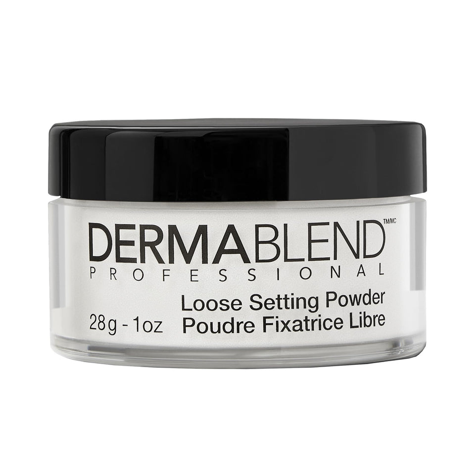 Dermablend loose setting powder front jar view showing product and branding benefit: clear finish