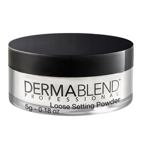 Dermablend loose setting powder front view showing compact travel jar and brand clarity