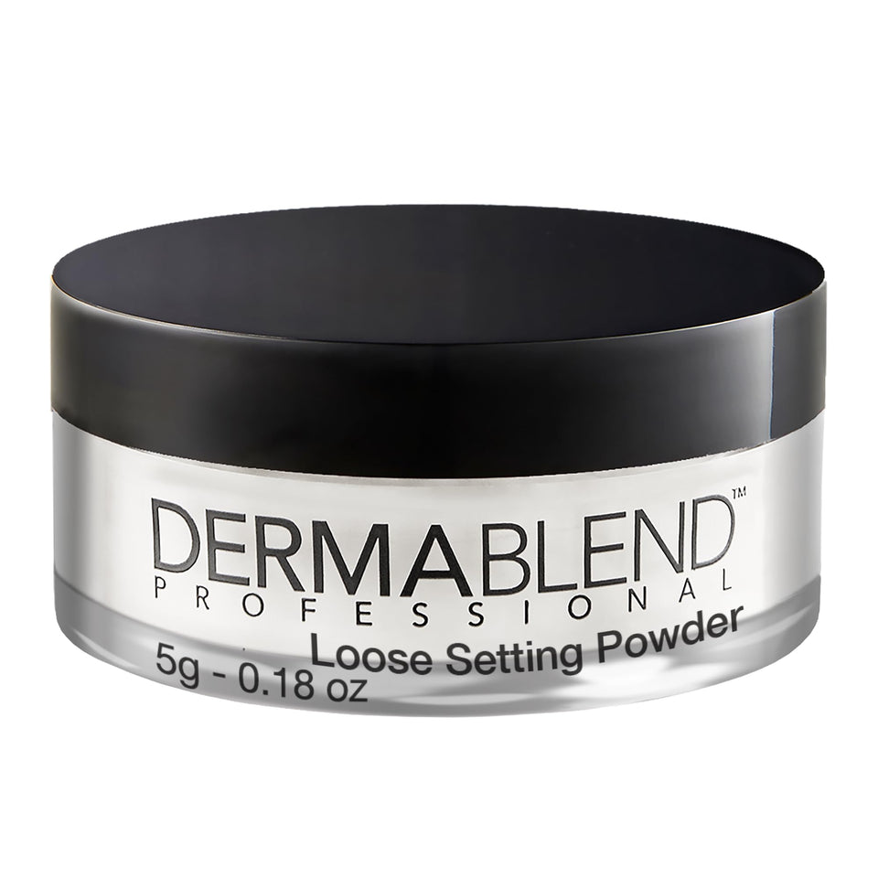 Dermablend loose setting powder front view showing compact travel jar and brand clarity
