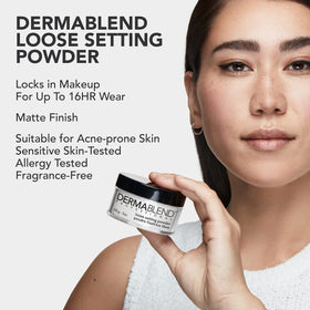 Dermablend 1 oz powder beside a coin for size comparison and travel-friendly benefit