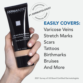 Dermablend bottle held in hand to show 3.4 fl oz size and portability