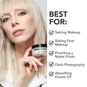 Dermablend travel-size setting powder inside a makeup bag for on-the-go shine control