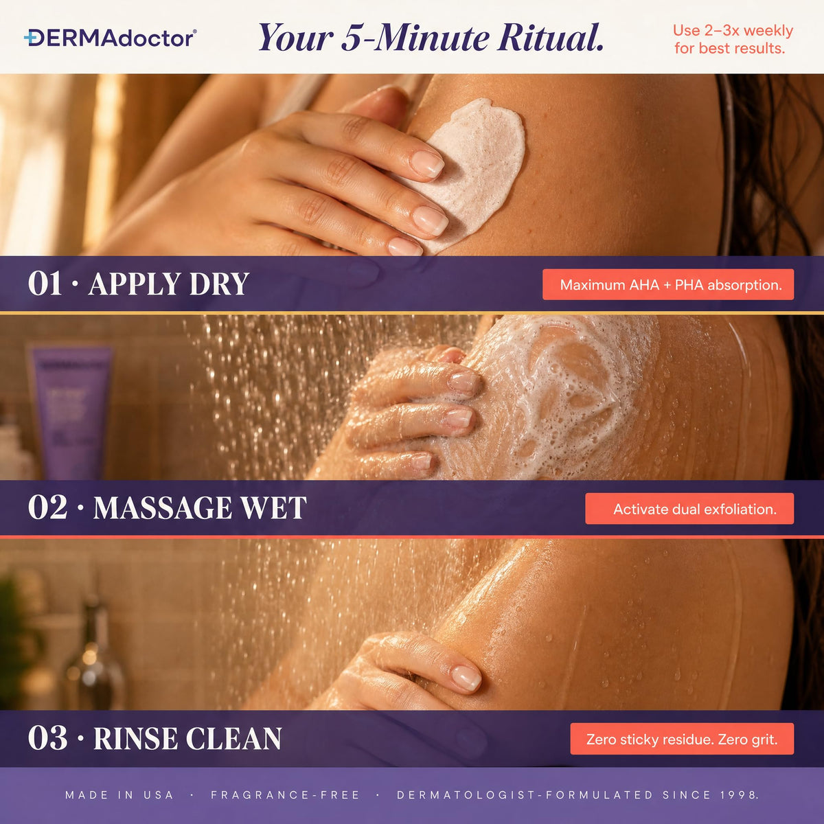 DERMAdoctor post-exfoliation skin looking hydrated and touchable